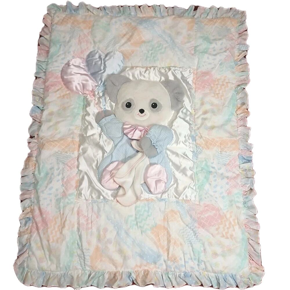 Vtg Lambs & Ivy Baby Blanket &‎ Crib Sheet Bear Balloon Applique Pastel Ruffle